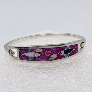 Vtg Alpaca Silver Turquoise MOP Onyx Fish Fuchsia Glitter Enamel Pinch Bracelet